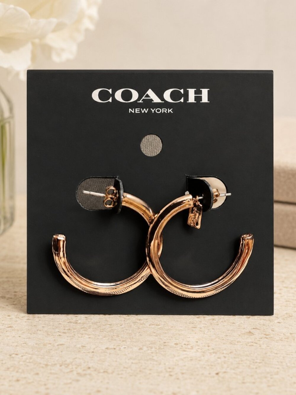 Coach Rose Gold Signature C Logo Hoop Earrings Post Backs NWT